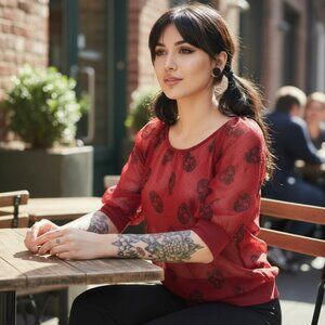 EYELASH COUTURE Sugar Skulls Sheer Red 3/4 Sleeve Blouse Top XS Goth Punk Shirt